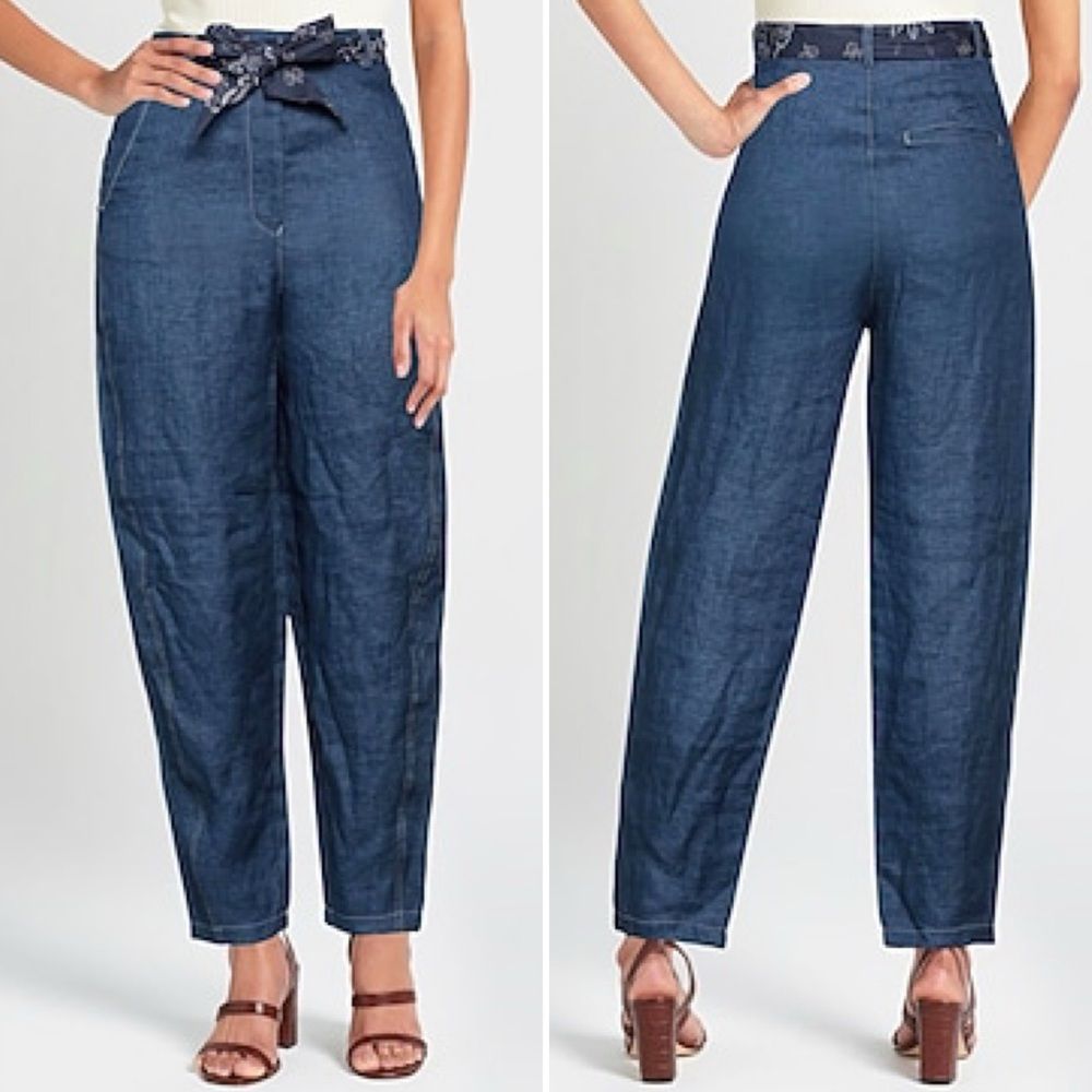 100% Linen Balloon Leg Emporio Armani High-Waisted Pants Bandana Print Belt 44